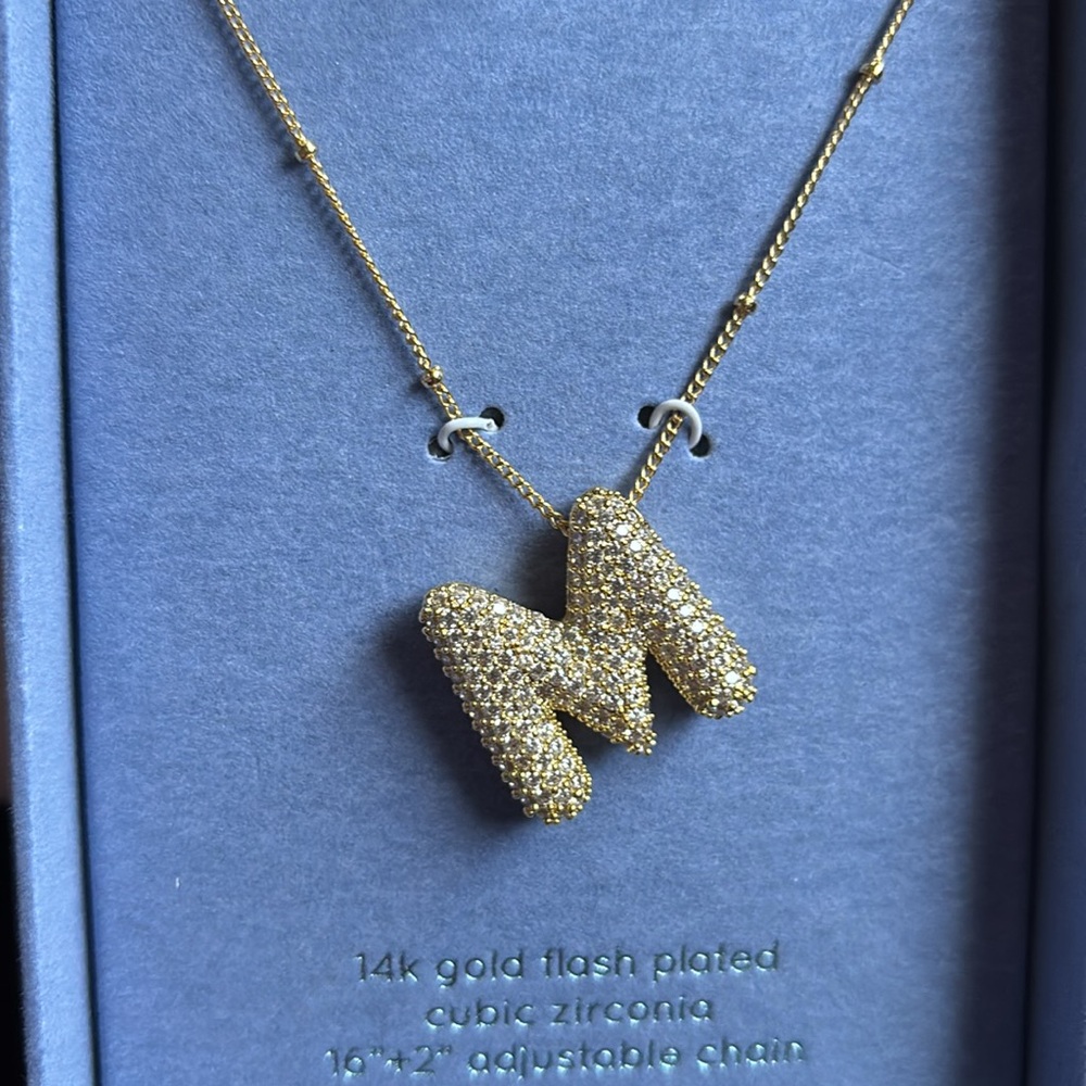 Gold “M” Initial Necklace with Cubic Zirconia - Picture 2 of 4